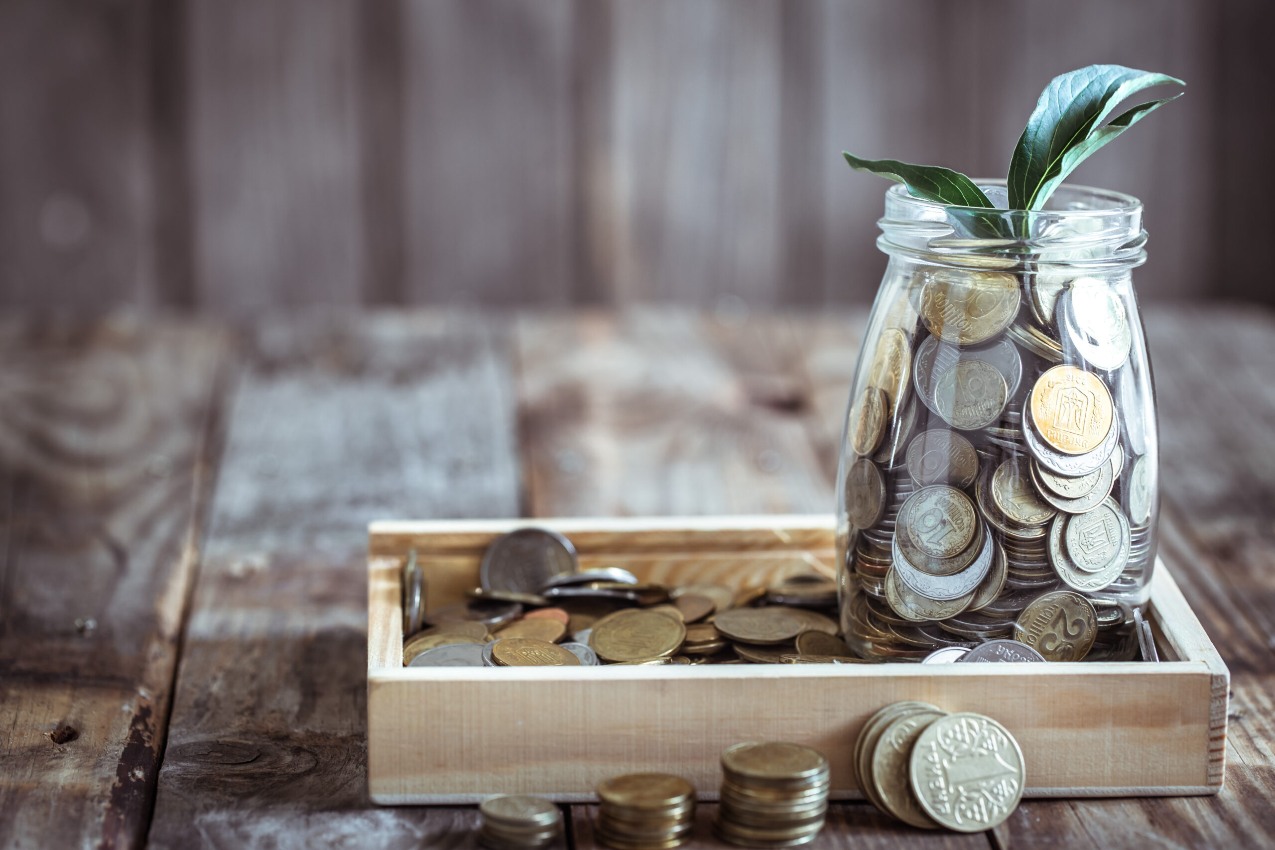 A jar with different coins and green growth growing from above, stand on a wooden background, the concept of growth and saving money